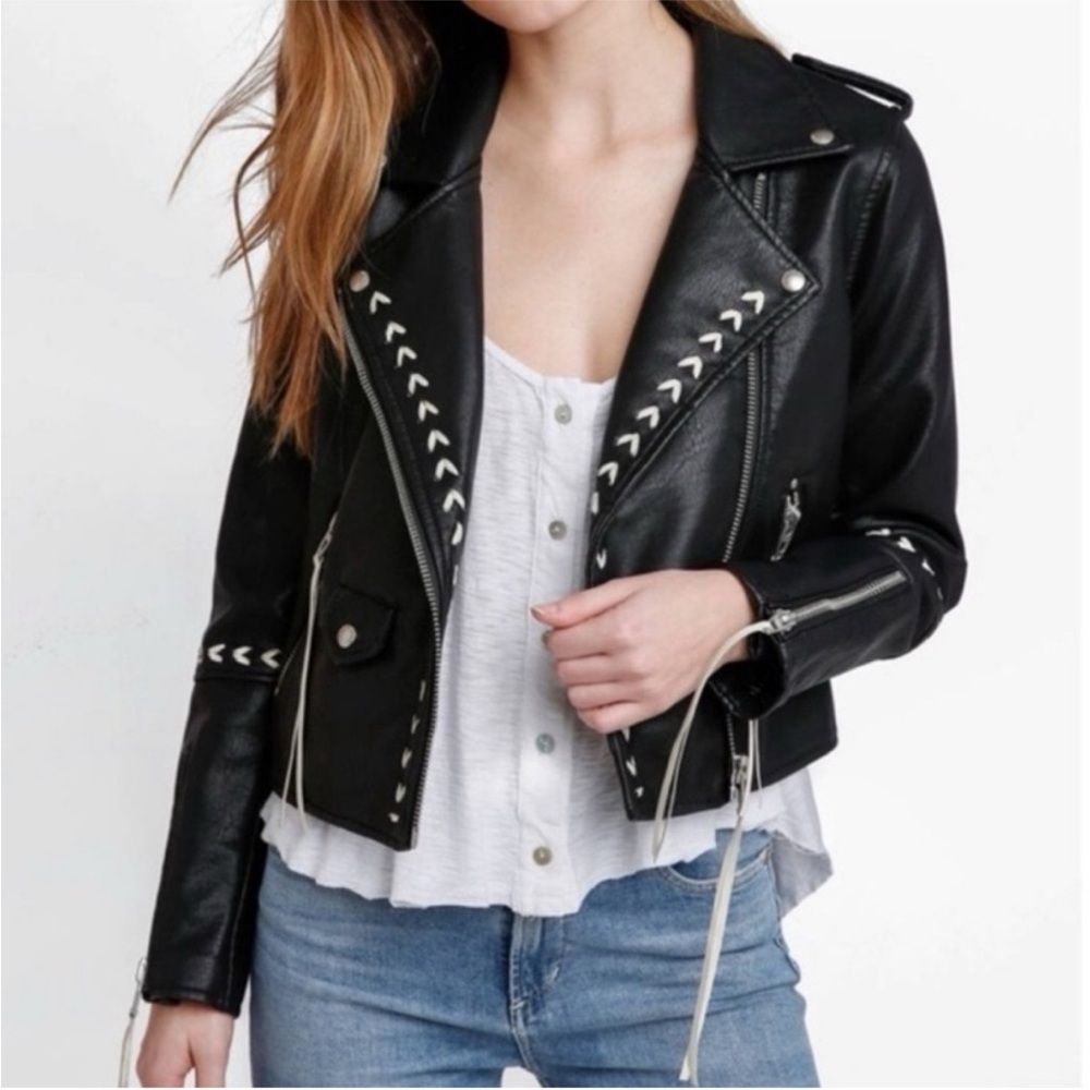 Blank NYC Black Leather Jacket with White Accents